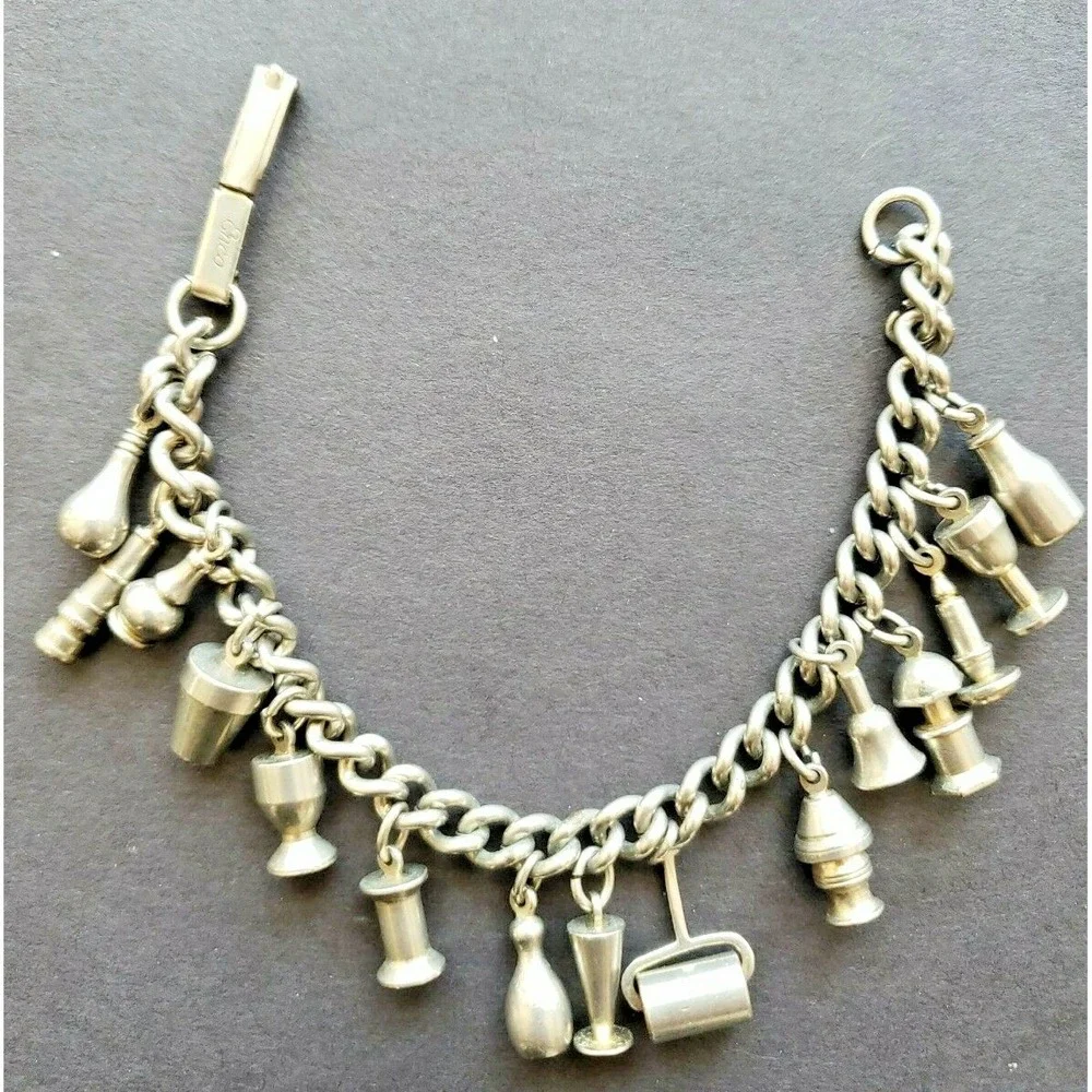Vintage Enco Industrial Brutalist Charm Bracelet W/ 15 Charms  A1-12